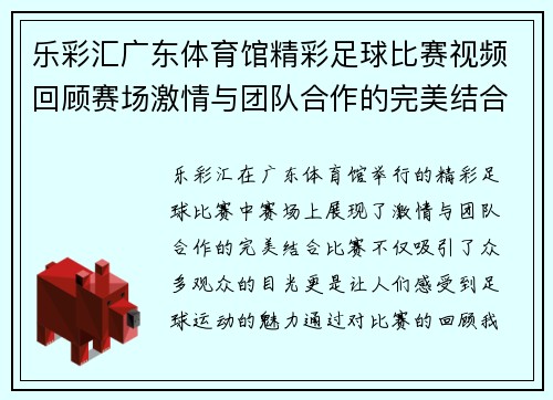 乐彩汇广东体育馆精彩足球比赛视频回顾赛场激情与团队合作的完美结合