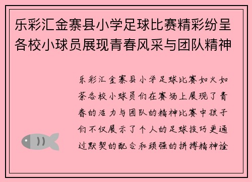 乐彩汇金寨县小学足球比赛精彩纷呈各校小球员展现青春风采与团队精神