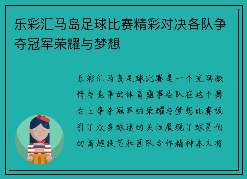 乐彩汇马岛足球比赛精彩对决各队争夺冠军荣耀与梦想