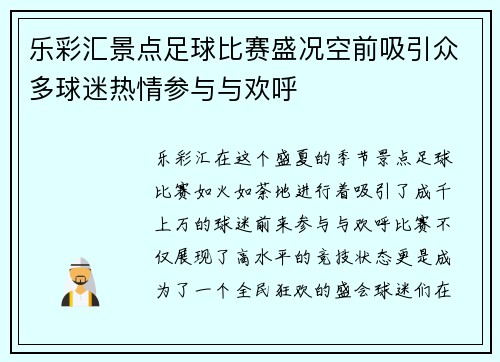 乐彩汇景点足球比赛盛况空前吸引众多球迷热情参与与欢呼