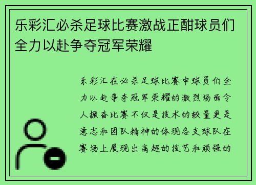 乐彩汇必杀足球比赛激战正酣球员们全力以赴争夺冠军荣耀