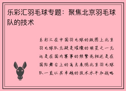 乐彩汇羽毛球专题：聚焦北京羽毛球队的技术
