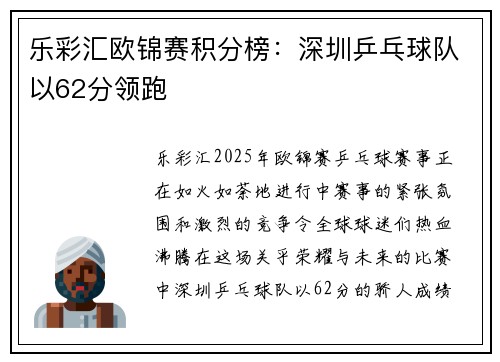 乐彩汇欧锦赛积分榜：深圳乒乓球队以62分领跑